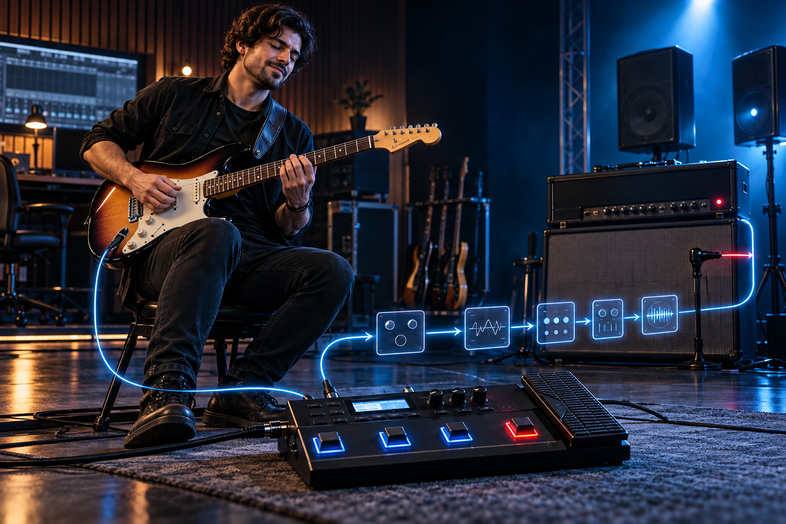 Guitarrista controlando conscientemente a cadeia de sinal da pedaleira GT-1