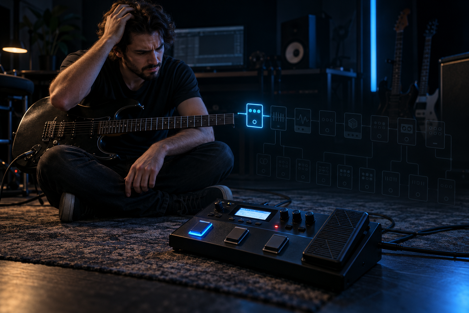 Guitarrista frustrado diante das possibilidades ainda não exploradas da pedaleira GT-1